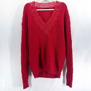 The Kooples Red Wool Blend Chunky Cable Knit V-Neck Lace Sweater Medium